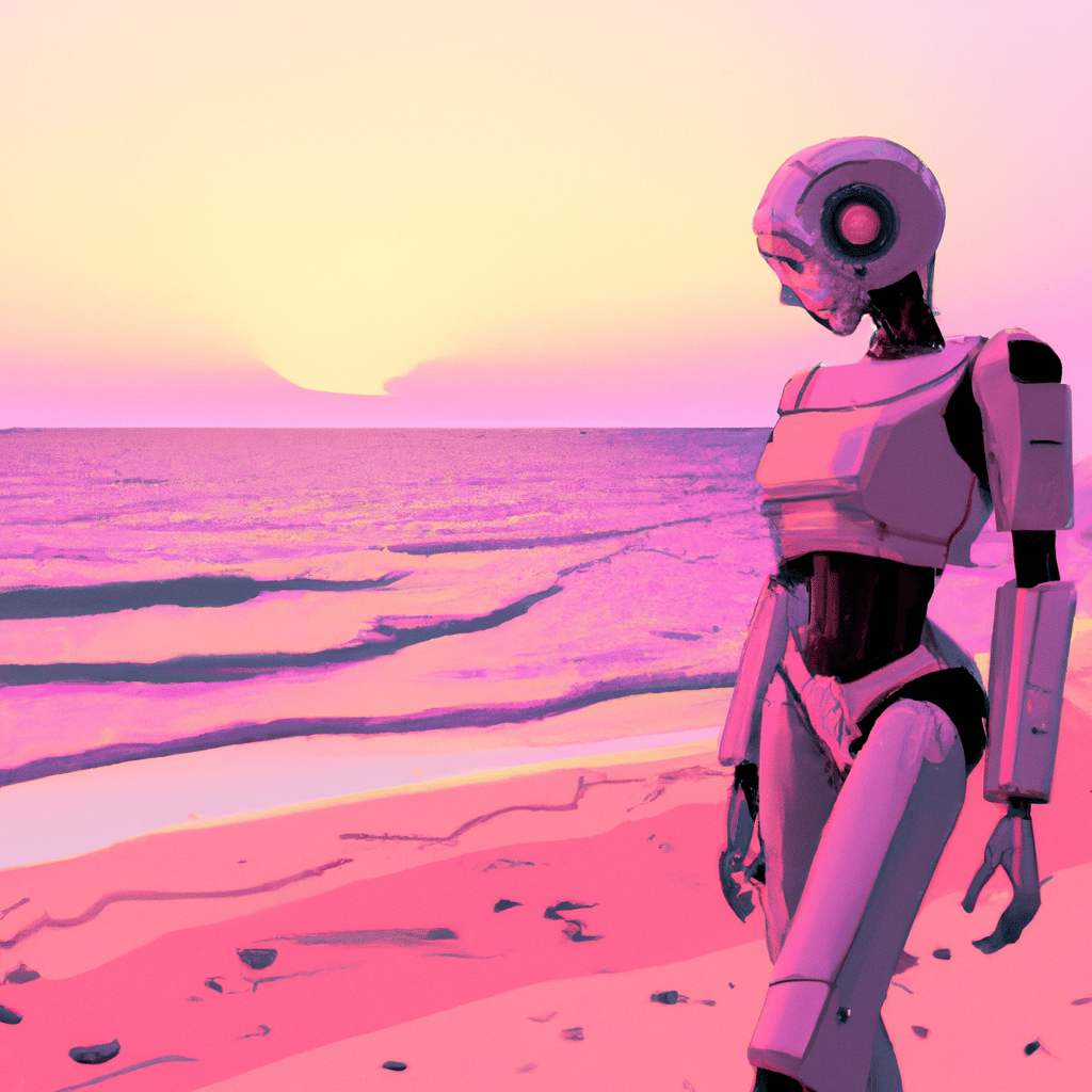 DALL·E - Sci-fi/synthwave art - Robots on the beach